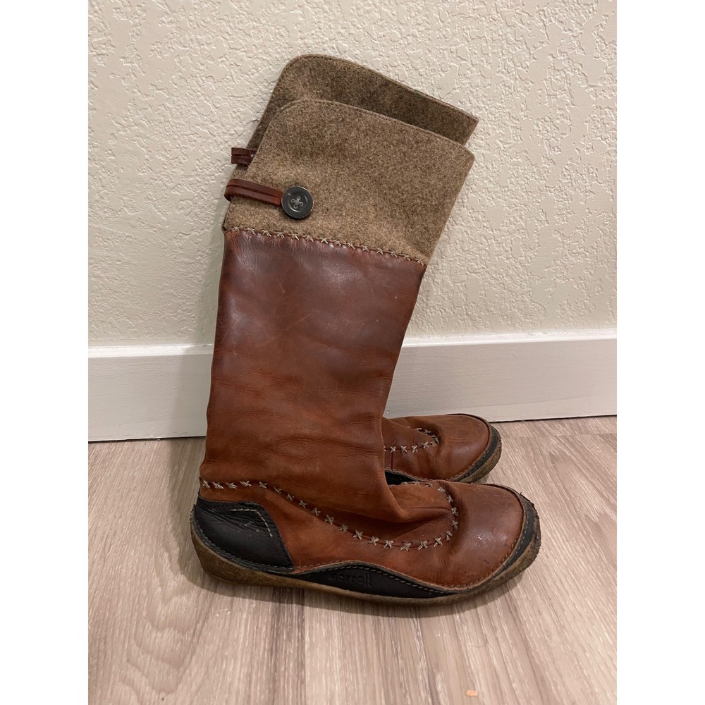 Merrel Leather Wool Tall Boots Brown Fall Equestrian Stitched Winter Boho Chic